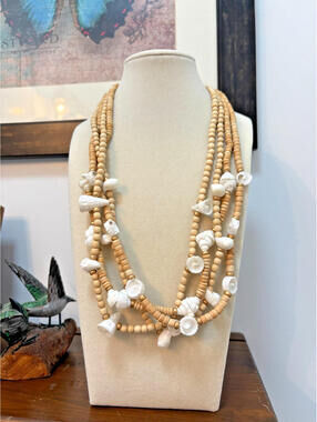 Vintage Multi Strand Blonde Wood Bead White Shell Necklace Boho Beach Natural